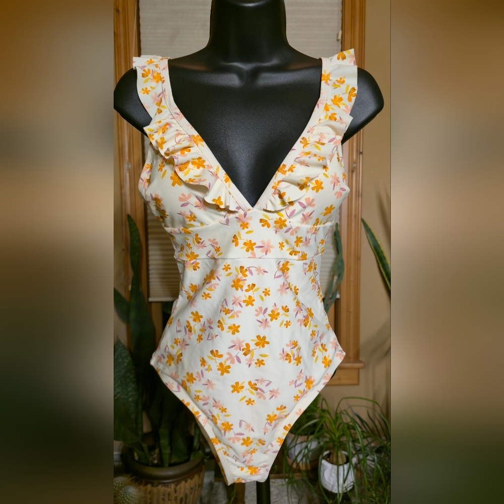 Cupshe Kids Floral Ruffle Bodysuit - Cream and Yellow